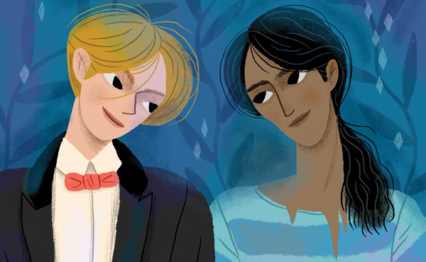 Ge├»llustreerde tekening van een koppel van jongens, hand in hand, de ene blond en de andere donker van huid.